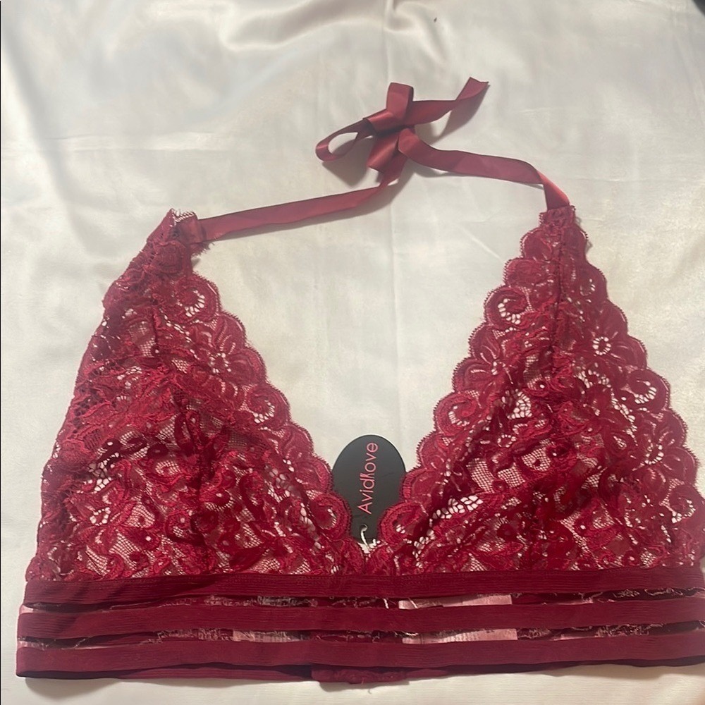 Avidlove Bralette Burgundy Lace Halter Neck Tie Back‎ Women's XL
